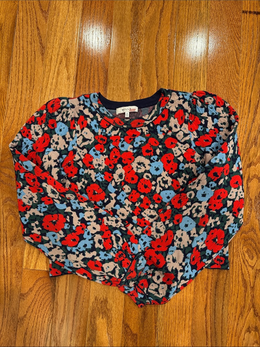 Milly Red Blue Floral Long-Sleeve Crewneck Top - Picture 3 of 7